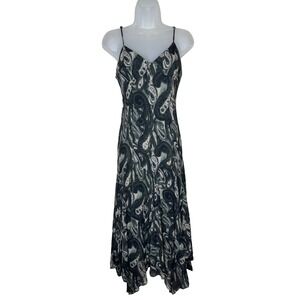 Haute Hippie Paisley Fairycore 100%‎ Silk Slip Midi Dress Black Spaghetti Strap